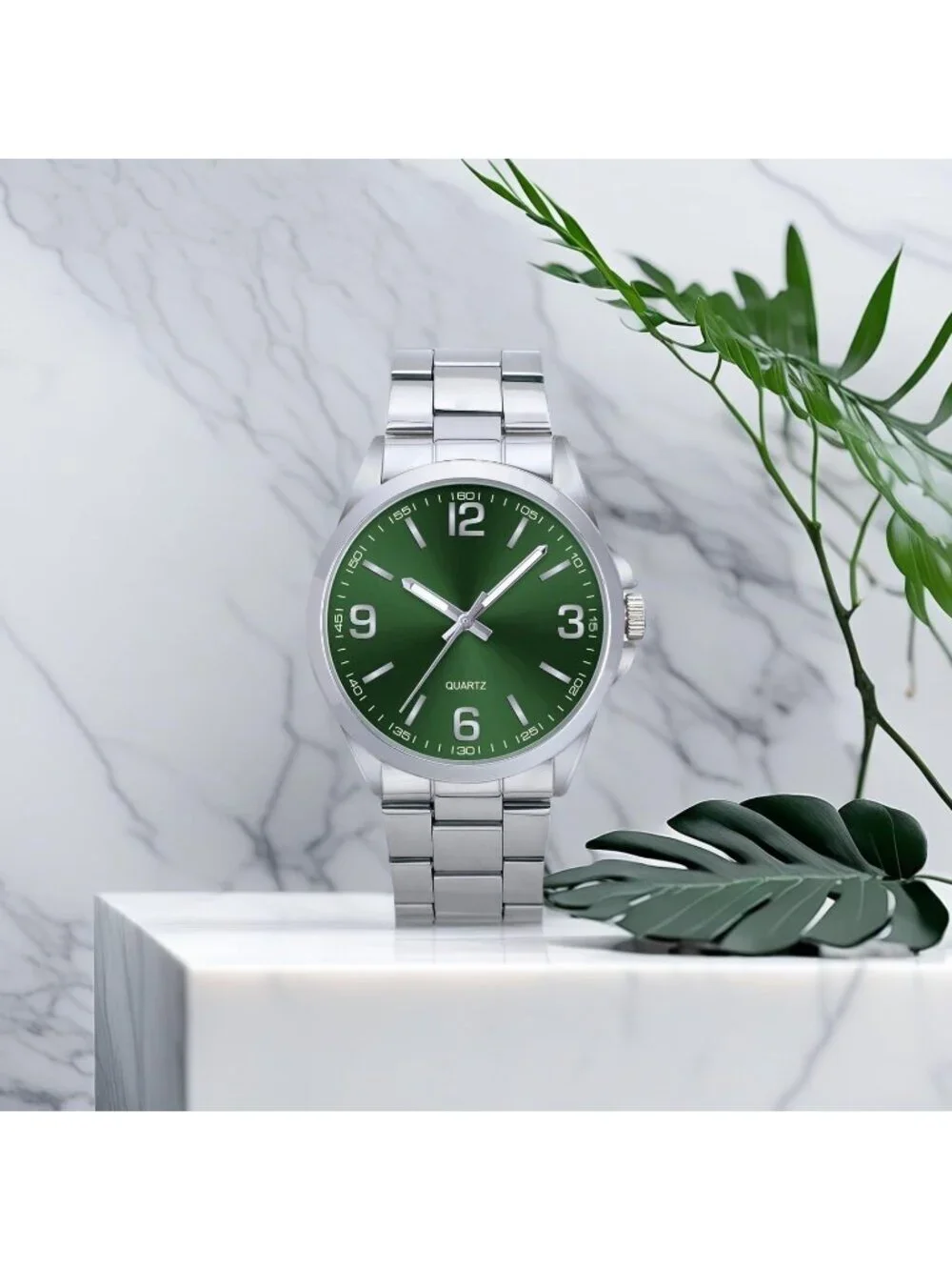 Men's Silver And Green Analog Stainless Steel Case Arabic Numerals Classic Watch